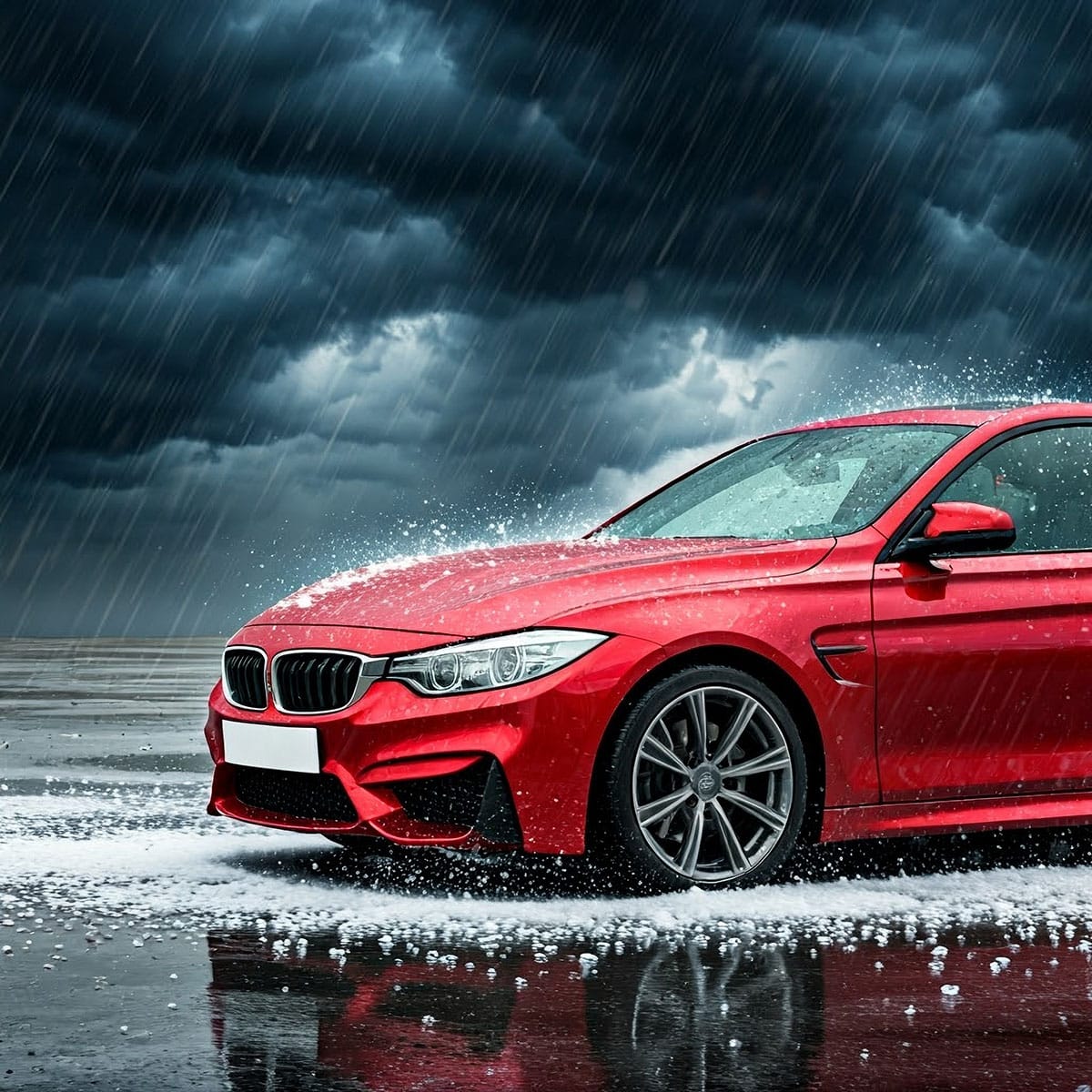 Falling hail damaging a red car